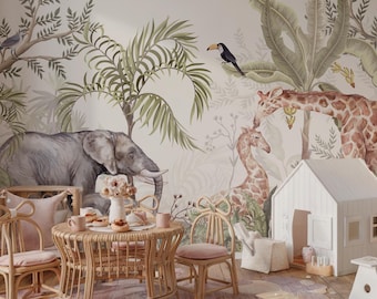 Tapete Safari Tiere - Tropisches Kinderzimmer Wandbild, Schälen und Aufkleben
