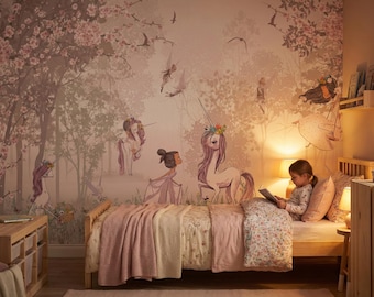 Pink Magical Forest Girls Nursery Wallpaper , Fairy Tale Wall Mural