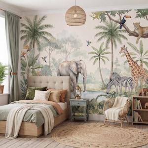 Papel de Parede Infantil com Girafas e Leões em Estilo Safari - Mural de Parede para Quarto Infantil - Autoadesivo ou Tradicional