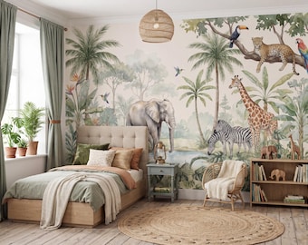 Giraffe & Lion Safari Nursery Wallpaper - Kids Room Wall Mural - Peel Stick or Traditional