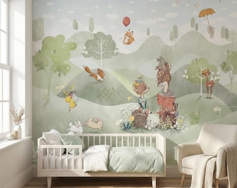 Woodland Animals Nursery Mural, Watercolor Mountain Wallpaper, Peel and Stick