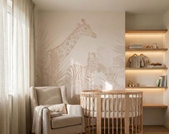 Warmes neutrales Dschungel-Safari-Kinderzimmer-Wandbild, Kinder- und Babyzimmer zum Abziehen und Aufkleben