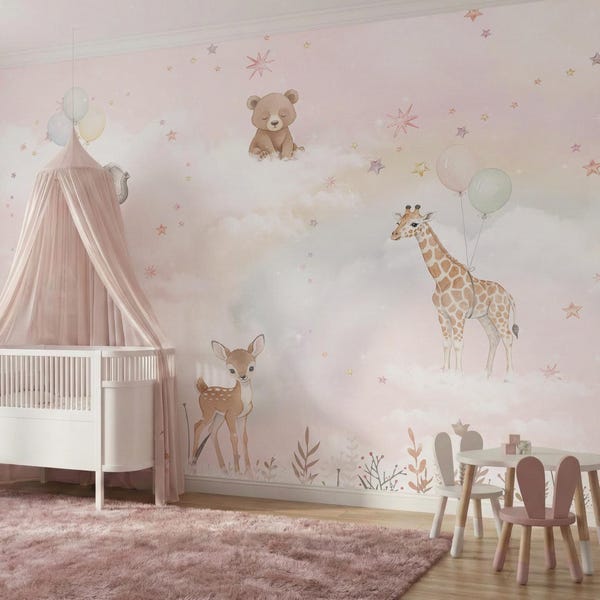 Pastell Safari Kinderzimmer Wandbild, verträumte Wolken Sterne Baby Mädchen Zimmer Tapete (Peel Stick)