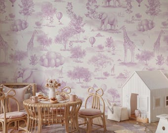 Rosa Toile Safari Djur Flickor Barnrumstapet - Självhäftande eller Traditionell Fototapet