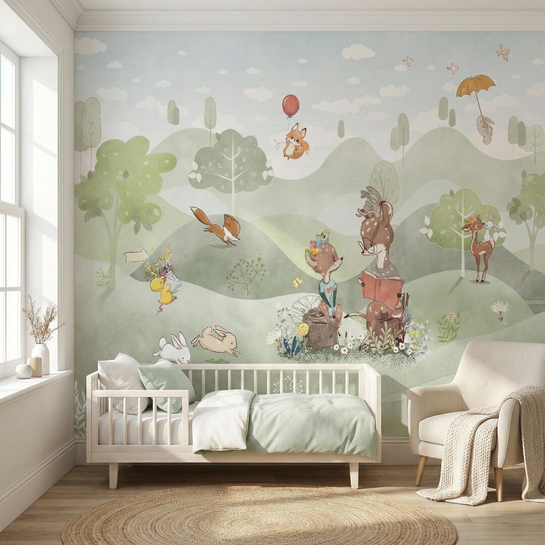 Woodland Forest Animals Nursery Wall Mural , Watercolor Storybook ...