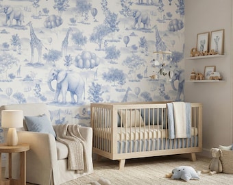 Papel pintado infantil con animales de safari en toile azul (adhesivo o mural infantil tradicional)