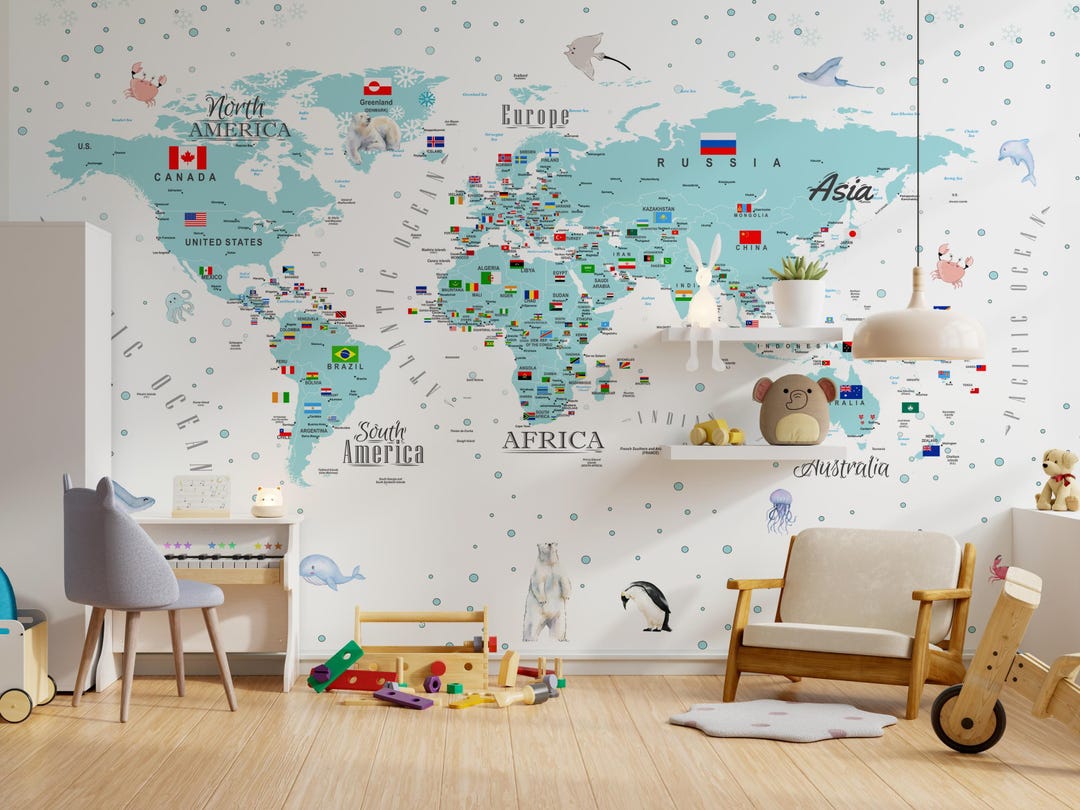 Kids World Map Wallpaper - Educational Peel and Stick Wall Mural - Etsy