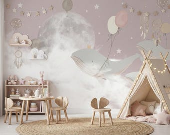 Whale and Moon Nursery Wallpaper – Pastel Sky, Peel Stick Kids Wall Mural