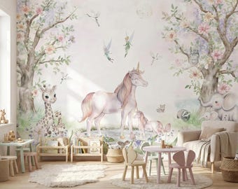 Unicorn Nursery Wallpaper - Fairy Forest Animals, Pastel Woodland Wall Mural