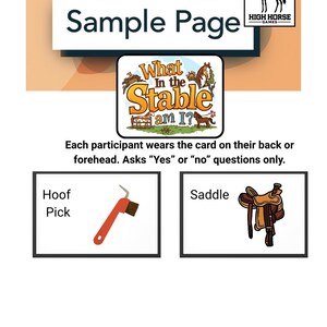 Könnte beinhalten: Eine Beispielseite für das Spiel "What in the Stable am I?". Die Seite enthält das Logo des Spiels, einen Hufkratzer und einen Sattel. Der Text lautet: "Jeder Teilnehmer trägt die Karte auf dem Rücken oder der Stirn. Stellt nur "Ja"- oder "Nein"-Fragen."