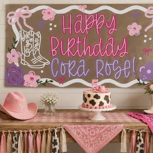 Pancarta de cumpleaños estilo western pintada a mano / Fondo con lazo rosa y botas vaqueras florales / Letrero personalizado para chicas