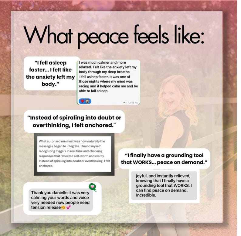 May include: Image with the text "What peace feels like:" and several quotes about feeling calm and relaxed. A woman is smiling in the background. The quotes discuss feeling anchored, falling asleep faster, and finding a grounding tool.