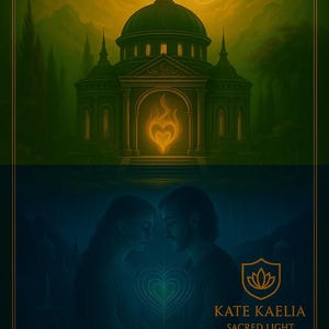 Puede incluir: Ilustración digital con un diseño en dos partes. La sección superior muestra un edificio con cúpula verde con una llama brillante, sobre un cielo amarillo. La mitad inferior representa una pareja con un corazón brillante, con el texto "KATE KAELIA SACRED LIGHT DIGITAL USE ONLY".