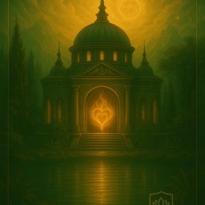 Puede incluir: Impresión de arte digital que presenta una estructura abovedada con una luz en forma de corazón brillante en su centro, sobre un paisaje verde y amarillo. Incluye el texto "KATE KAELIA SACRED LIGHT DIGITAL USE ONLY".