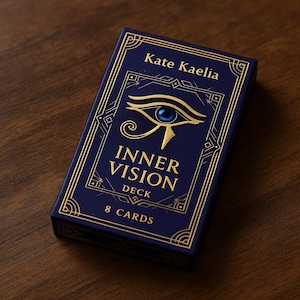 May include: A navy blue deck of cards with gold lettering and accents. The box reads "Kate Kaelia" and "Inner Vision Deck" with an eye symbol. The deck contains 8 cards.