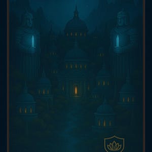 May include: Digital art print depicting a fantasy city in blue and teal hues. Two figures in armour hold glowing blades, either side of a building with domed roofs. A bright star shines above the city. The artwork is framed with a gold border.