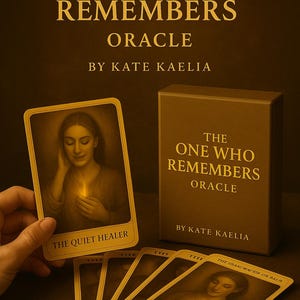Könnte beinhalten: Ein Orakelkartenset mit dem Titel "The One Who Remembers" von Kate Kaelia. Das Bild zeigt ein Kartenset, eine Box und den Text "The Quiet Healer". Die Karten zeigen Illustrationen einer Person, die ein Licht hält.