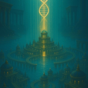 May include: An artistic illustration of a tiered golden city submerged in teal water, with a glowing double helix above. The image features the name "KATE KAELIA" in gold lettering at the bottom.