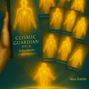 May include: A teal-colored Cosmic Guardian Deck box and cards featuring glowing golden figures. The deck is by Kate Kaelia, Energy Edition. The cards have titles like "Solar Asc" and "Flight of Heart of Tri."