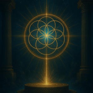May include: Digital art print featuring a golden geometric design radiating light, set against a dark blue background with pillars and a starry sky. The design is on a circular platform. The artist's name, KATE KAELIA, is at the bottom.