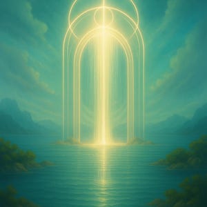 May include: An ethereal landscape painting featuring a luminous archway of light descending into a body of water. The artwork, titled "KATE KAELIA," showcases a serene scene with teal waters, distant mountains, and a starry sky, evoking a sense of peace.