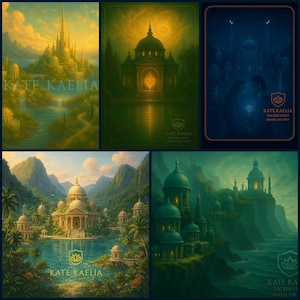Könnte beinhalten: Eine Sammlung digitaler Kunstdrucke mit Fantasy-Landschaften mit verzierten Gebäuden, Kuppeln und Türmen. Die Farbpaletten reichen von Goldgelb und Blau bis hin zu Grün und Türkis. Der Text "KATE KAELIA" und "SACRED LIGHT DIGITAL USE ONLY" sind sichtbar.