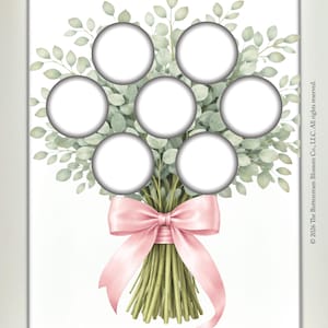 May include: A digital download print featuring a bouquet of green leaves and a pink bow. The design includes seven white circles for photo placement. The words "INSTANT DOWNLOAD" are at the top and bottom of the image.