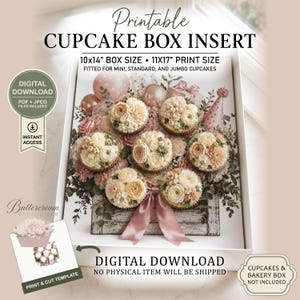 Peut inclure: Un insert de boîte à cupcakes imprimable avec un motif floral de fleurs en crème et rose. Le texte indique Printable Cupcake Box Insert, 10x14 inch box size, 11x17 inch print size, Digital Download, et Print & Cut Template.