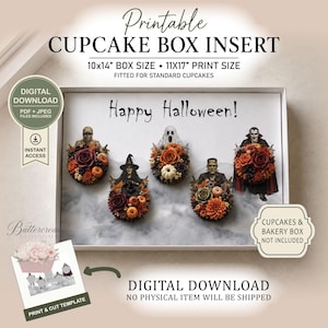 May include: A printable cupcake box insert for a 10x14 inch box with 11x17 inch print size. The design features the text Happy Halloween and illustrations of a mummy, witch, ghost, Frankenstein, and vampire, each surrounded by autumn-colored flowers.
