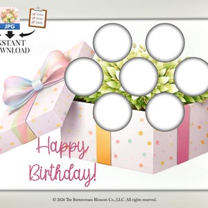 Puede incluir: Imagen digital con temática de cumpleaños. Presenta una caja de regalo con lunares y una cinta pastel, un arreglo floral y las palabras "Happy Birthday!" en rosa. Hay siete círculos blancos.