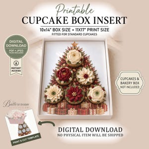 May include: A printable cupcake box insert digital download featuring a Christmas tree design made of cupcakes with floral frosting, set against a background of gift boxes. Text includes PRINTABLE CUPCAKE BOX INSERT, 10x14" BOX SIZE, 11x17" PRINT SIZE.