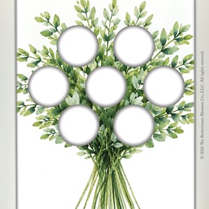 May include: A digital print featuring a watercolor illustration of a green leafy bouquet with seven white circles. The print size is 11x17 inches, and the box size is 10x14 inches. The words "INSTANT" and "DOWNLOAD" are at the top and bottom.
