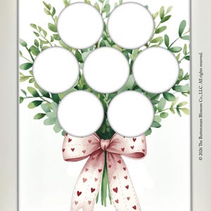 Puede incluir: Una impresión de descarga digital con un ramo de acuarela con seis círculos blancos para la colocación de fotos. El ramo tiene hojas verdes y un lazo rosa adornado con corazones rojos. Las palabras "INSTANT DOWNLOAD" están arriba y abajo.
