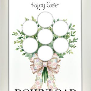 May include: Digital Easter download with the text "Happy Easter" and "DOWNLOAD". The design features a bouquet with six circular photo placeholders, green foliage, and a pastel bow with Easter egg patterns.