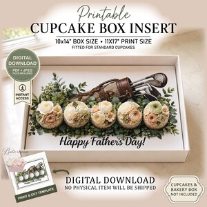 May include: A printable cupcake box insert with a golf theme. The insert features a golf bag, clubs, and cupcakes decorated with floral frosting. Text includes "Happy Father's Day!" and "Digital Download."