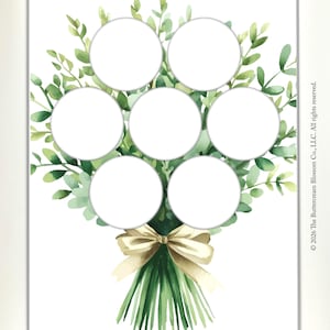 Può includere: Uno sfondo bianco con un motivo floreale con foglie verdi e un fiocco dorato. Il testo "INSTANT DOWNLOAD" è visualizzato in nero. Ci sono sei cerchi bianchi al centro del disegno.