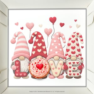 May include: A Valentine's Day-themed illustration features four gnomes holding the letters "LOVE" and a cupcake. The gnomes wear red and pink hats with heart patterns. Pink heart-shaped balloons float above them. The cupcake has a heart on top.