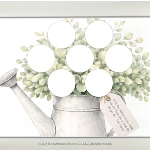 Könnte beinhalten: Aquarell-Druck mit einer Gießkanne, einem Strauß grüner Blätter und sechs weißen Kreisen. Die Worte "INSTANT DOWNLOAD" sind vertikal gedruckt. Ein Etikett lautet "To the best momma..."