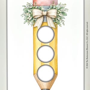 May include: A watercolor illustration of a yellow pencil with three circular openings. The pencil is decorated with a bow, greenery, and a pink eraser. The word "INSTANT" is at the top, and "DOWNLOAD" is at the bottom. The print size is 11x17 inches.