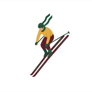 Puede incluir: Ilustración de un esquiador con un suéter amarillo, pantalones burdeos y gorro y botas verdes, esquiando cuesta abajo. El esquiador sostiene bastones de esquí verdes y los esquís son burdeos.