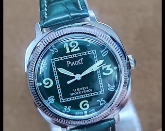 Vintage Piaget 17 kamieni, zielona tarcza, nakręcany ręcznie, szwajcarski męski zegarek