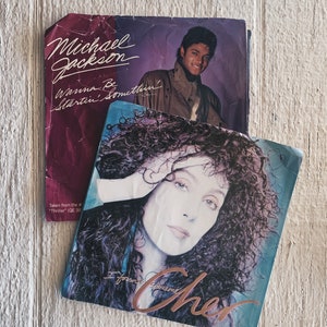 Vintage Michael Jackson and Cher record 45 7in. Wanna be starting something Michael Jackson and I found someone Cher, small record MB1