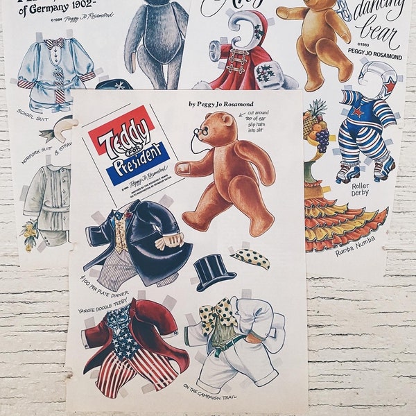 Vintage Paper Dolls- Teddy for president Peggy Jo Rosamond, mlle anya the dancing bear, Richard for the first of Germany 1902, 1980s