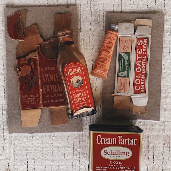 Vintage household products kitchen, Vintage Folgers bottle, vanilla extract, golden gate, Colgate ribbon dental cream sample, cream tartar