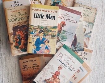 Vintage Airmont books, vintage classics, little men, pinocchio, Robin Hood, treasure Island, mark Twain, Tom Sawyer, Swiss family, 1960s