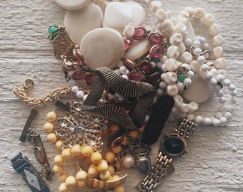 Vintage costume jewelry parts lot neckalce, beads, earings, charms, pennants pieces metal costume jewelry, jewelry parts L1