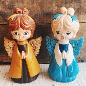 Vintage Angel Pair colorful vintage Christmas angel, vintage, 7.5” wings blue & Yellow singing angels worship angels