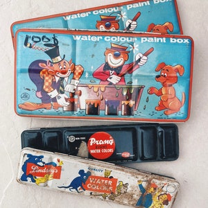 Vintage Watercolor paint tin. Vintage tin, clown tin, prangs, Dixon quality, Lindsey’s, kids, made in England, page London, american crayon