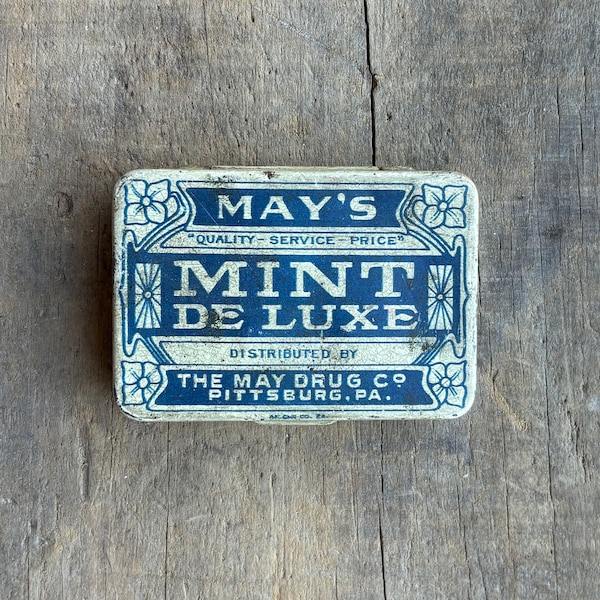 Vintage May’s Mint De Luxe Tin- antique tin, vintage storage tin small box medicine tin, metal tin, blue tin, green tin RARE mint tin