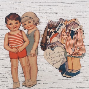 Vintage Boy and Girl Doll paper dolls vintage fashion, original vintage paper, paper doll, nostalgia, scrapbook Vintage children paper dolls
